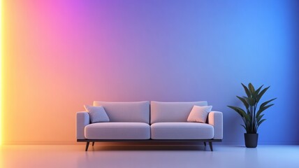 Modern sofa with colorful lighting backdrop