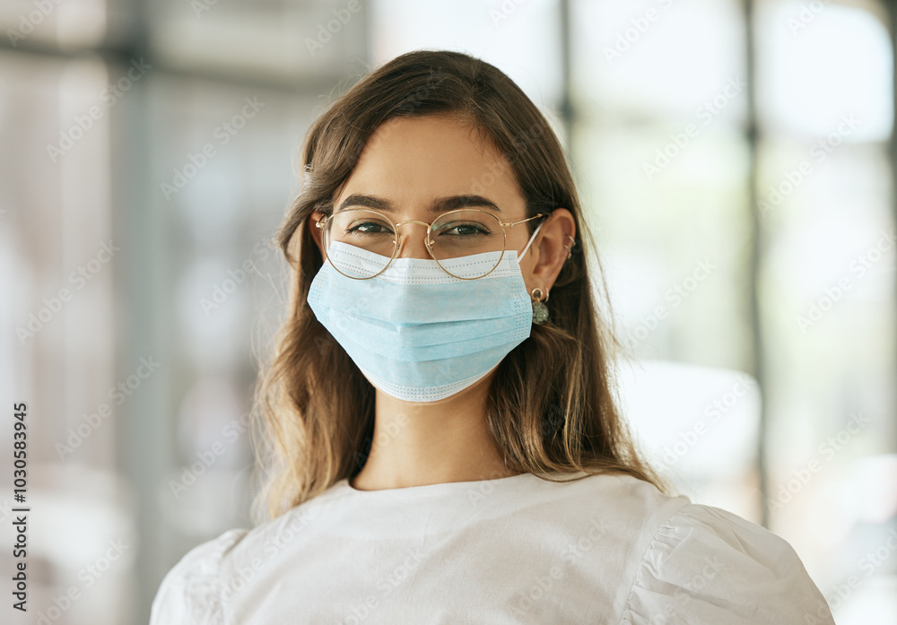 Sticker Portrait, mask and woman in office, safety and confident with protection, virus and infection. Business, professional and allergy relief with face cover, employee and prevention of flu and health