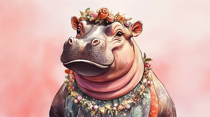 A Watercolor of Merry Pygmy Hippopotamus in Glittering Garland Trimmed Outfit on Plain Dusty Rose Background