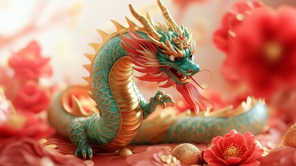 Fototapeta premium emerald green dragon, with red camellia flowers in the background, a golden and colorful color scheme