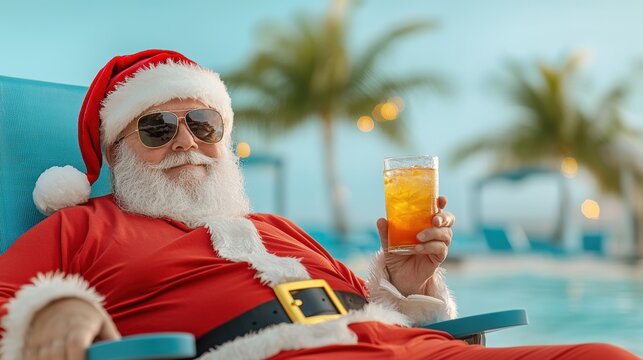 Relaxing on tropical beach chair, Santa enjoys refreshing drink under sun, embodying festive and cheerful holiday spirit. 