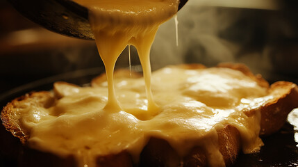 Raclette cheese melting and poured over bread savory