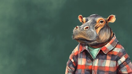 Charming Pygmy Hippopotamus in Plaid Forest Watercolor Portrait