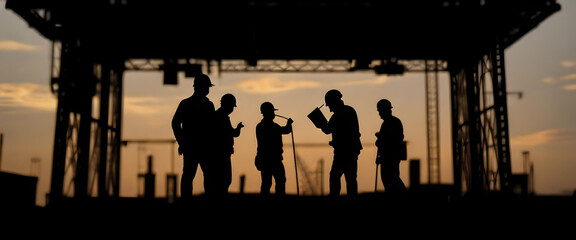 Engineer and construction team silhouettes working at site over blurred background