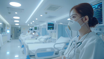 Chinese hospital, respiratory department room, video endotracheal tubes, professional medical equipment, doctors rescuing patients.