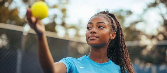 A young woman, wearing a blue shirt, tosses a tennis ball into the air on a tennis court.