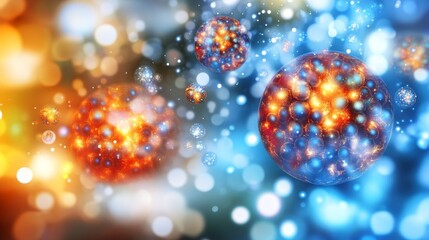 Microscopic view of glowing particles decaying into smaller fragments, symbolizing particle decay in a physics lab setting with scientific instruments and equipment in the background.	