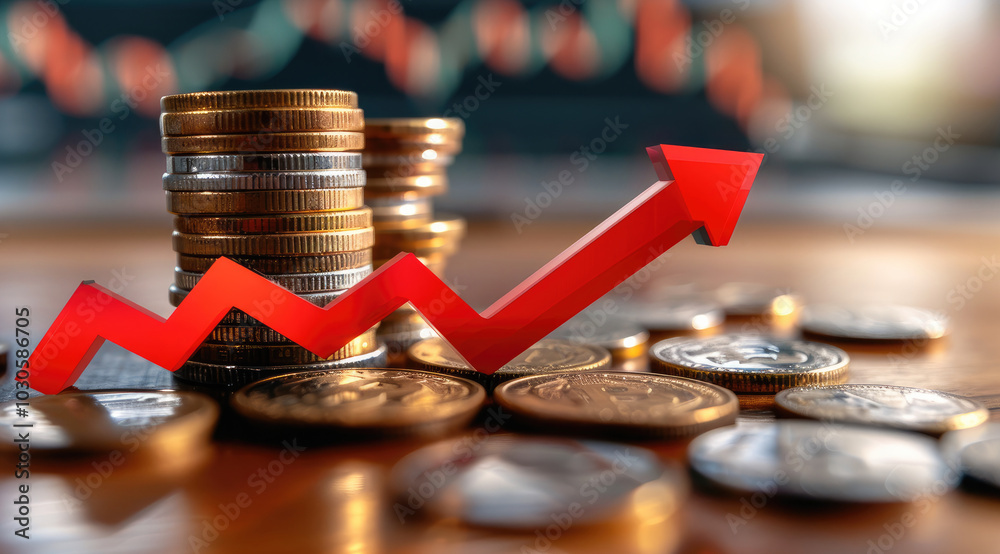 Aufkleber coin stack with a red downward arrow symbolizing financial uncertainty caused by falling interest ra