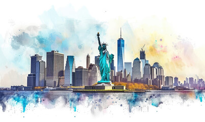 Fototapeta premium Watercolor The Statue of Liberty over the Scene of New york cityscape river side which location is lower manhattan,Architecture and building with tourist concept