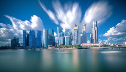 Fototapeta premium Minimalist skyline, dramatic clouds swirling, vibrant colors reflecting climate change, urban landscape evokes curiosity, breathtaking panoramic view