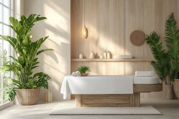 Minimalist Spa Interior Design with White Towels  Plants  and Wooden Accents