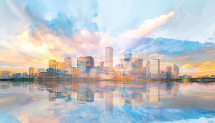 Fototapeta premium Minimalist skyline, dramatic clouds swirling, vibrant colors reflecting climate change, urban landscape evokes curiosity, breathtaking panoramic view