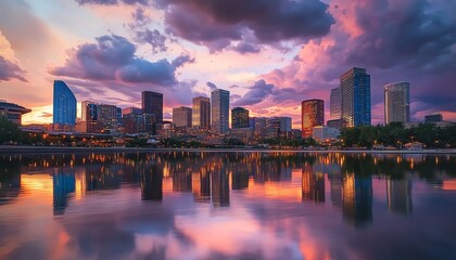Minimalist skyline, dramatic clouds swirling, vibrant colors reflecting climate change, urban landscape evokes curiosity, breathtaking panoramic view