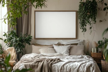 Cozy Bedroom Interior Design with Wooden Frame Mockup  White Bed Linen  and Plants