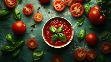 Fototapeta premium Rich tomato sauce in a bowl surrounded by sliced tomatoes