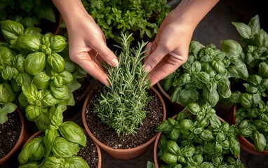 Fototapeta premium Growing fresh herbs in pots during a sunny afternoon at a home garden