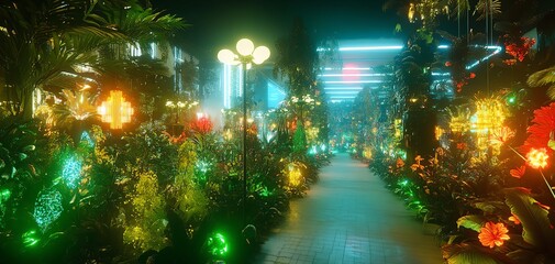 Naklejka premium Panoramic view, dystopian cityscape, vibrant urban gardens glowing at night, neon lights reflecting on foliage, surreal atmosphere