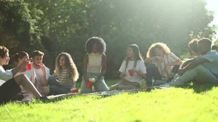 Group of friends relaxing and chatting during picnic