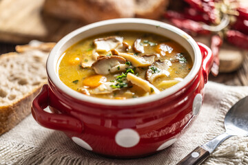 Homemade and tasty soup made from wild mushrooms, bacon, carrots and barley groats