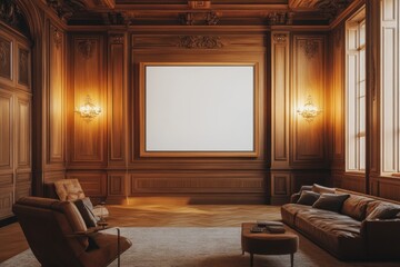 Classic Living Room Interior with Large Blank Canvas Above Fireplace
