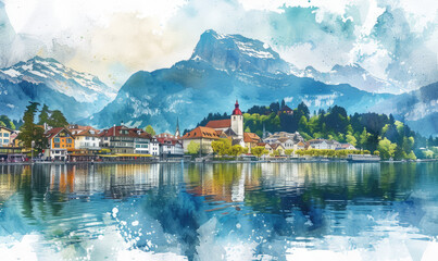 Naklejka premium Watercolor village Weggis, lake Lucerne , Pilatus mountain and Swiss Alps in the background near famous Lucerne city, Switzerland