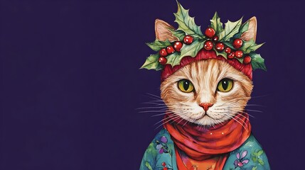 Festive Mistletoe Cat in Vibrant Watercolor Painting