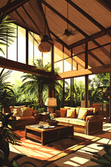 Fototapeta premium A tropicalstyle house with high ceilings and open rafters to promote airflow