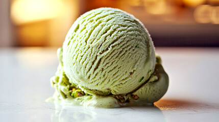 Fototapeta premium Melting green ice cream on a surface.