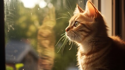 Cat looking outside through window blinds