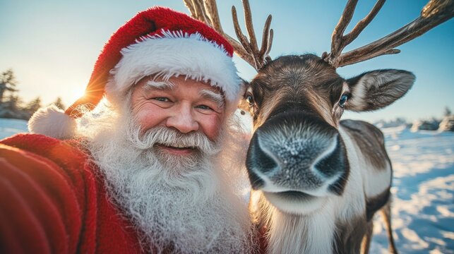 Santa Claus takes a selfie with a reindeer