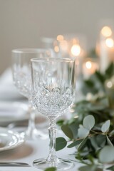 Elegant table setting with crystal glasses and candles for a romantic dinner party