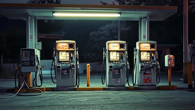 Three gas pumps stand under a canopy at a gas station at night