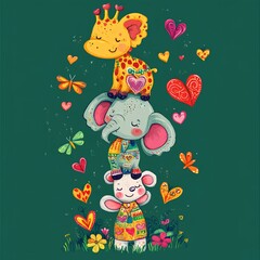 Fototapeta premium Playful Cartoon Animals Stack with Elephant, Giraffe, and Mouse - Children’s Art