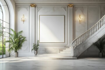 White Marble Staircase with Large Picture Frame in Elegant Interior