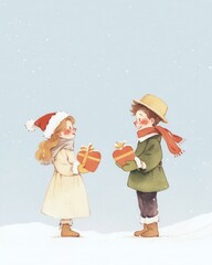 Obraz premium Little kids exchanging a heart-shaped gift, winter cuteness, festive joy