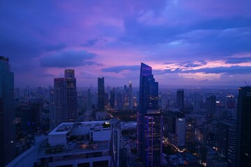 Obraz premium Captivating City Skyline at Dusk - Vibrant Urban Cityscape Glows Under Dramatic Sky Background