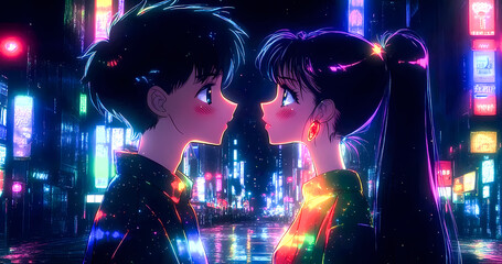 Anime boy and girl looking at each other, digital art, neon colors