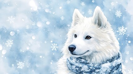 Majestic Samoyed Dressed in Snowflake Scarf on Icy Blue Watercolor Background