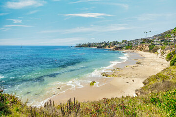 Obraz premium Beautiful landscape of Laguna Beach ocean coastline with palm trees in Treasure Island Park, Orange County, California, USA