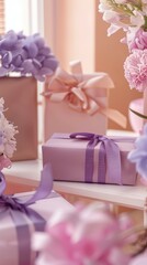 Elegant gift boxes with pink and purple ribbons surrounded by floral arrangements