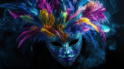 Vibrant feather mask glowing in the dark