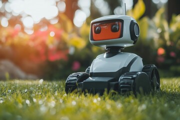 Obraz premium Robotic Lawn Mower on Green Grass in Garden