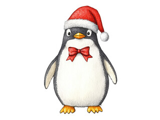 Fototapeta premium Cute Penguin in Santa Hat with Red Bow Tie Illustration on Transparent Background 