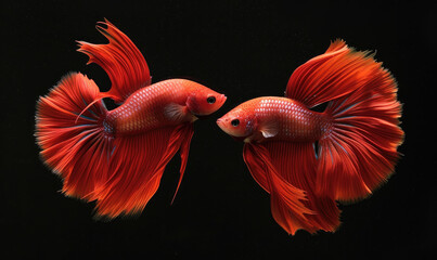 Naklejka premium Beautiful movement of red betta fish, Two Fancy Halfmoon Betta, The moving moment beautiful of Siamese Fighting fish, Betta splendens, Rhythmic of Betta fish isolated on black background