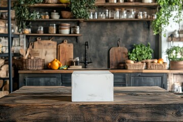 Rustic Kitchen Tabletop with White Cube and Blurred Background