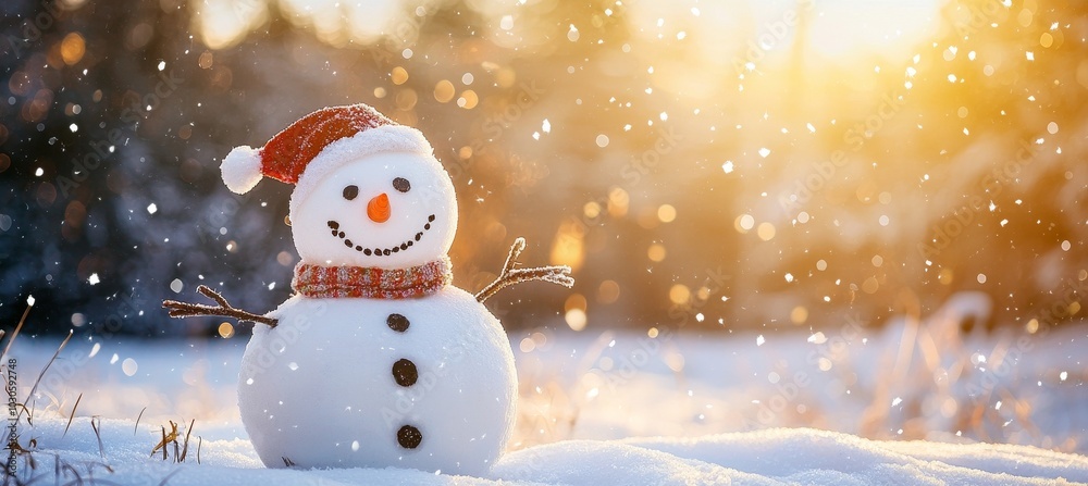 Aufkleber background banner with a cute funny laughing snowman dressed in a wool hat and scarf, on a snowy sno