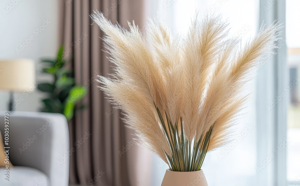 Poster blurred background with copy space of an elegant dry grass bouquet in a vase in a cozy boho living r