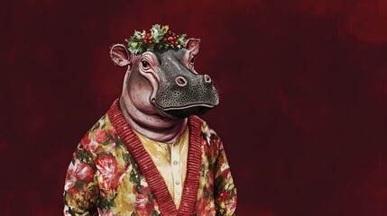 Whimsical Watercolor of Dressed Up Pygmy Hippopotamus in Christmas Cardigan