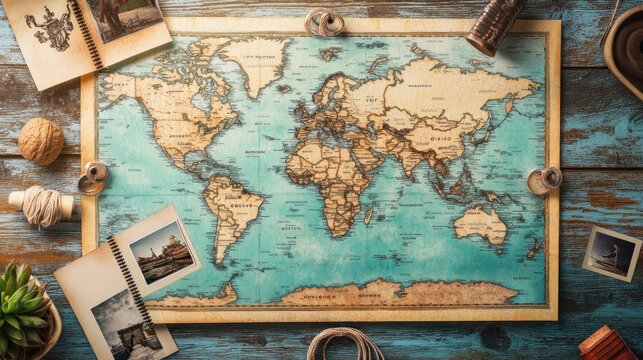 A vintage world map on a wooden table, surrounded by travel-themed items.