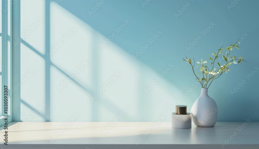 Leinwandbilder Concept for product presentation on minimalist abstract light blue background with shadows and light from windows